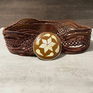 Motif 56 Braided Brown Leather Waist Belt Round Inlay Silver Buckle Women's M